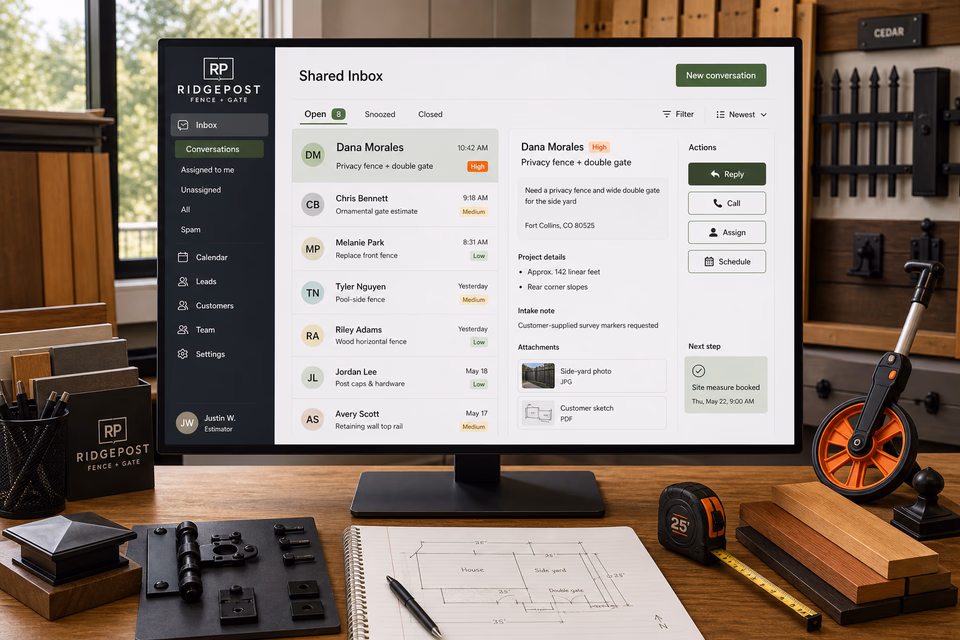 Ridgepost Fence + Gate response system showing the customer journey and the team's next action