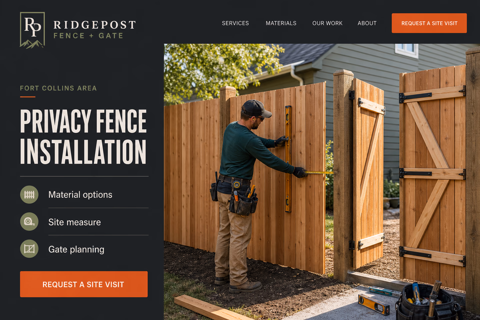 Ridgepost Fence + Gate customer-facing service page with clear local service details, proof, and a direct request path