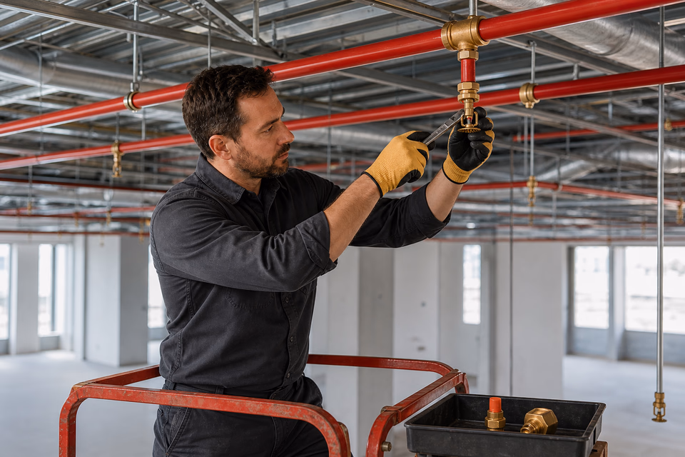 Fire-protection technician installs a brass sprinkler head into red steel piping.
