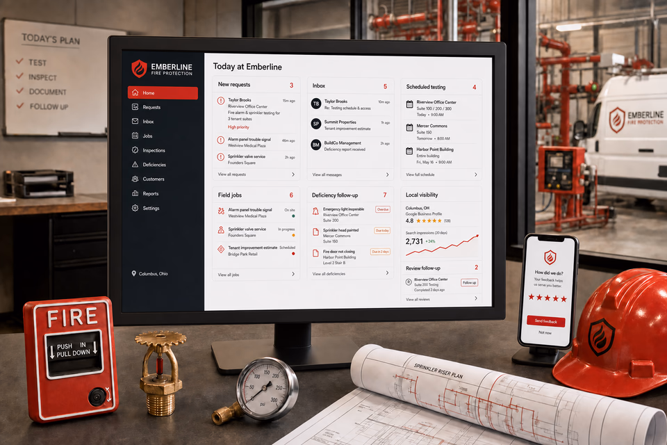 Emberline Fire Protection operations dashboard with current leads, scheduling, service activity, local visibility, and customer reviews