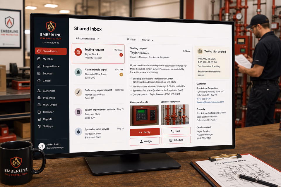 Emberline Fire Protection response system showing the customer journey and the team's next action