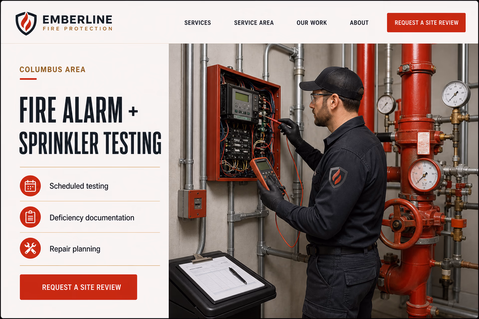 Emberline Fire Protection customer-facing service page with clear local service details, proof, and a direct request path
