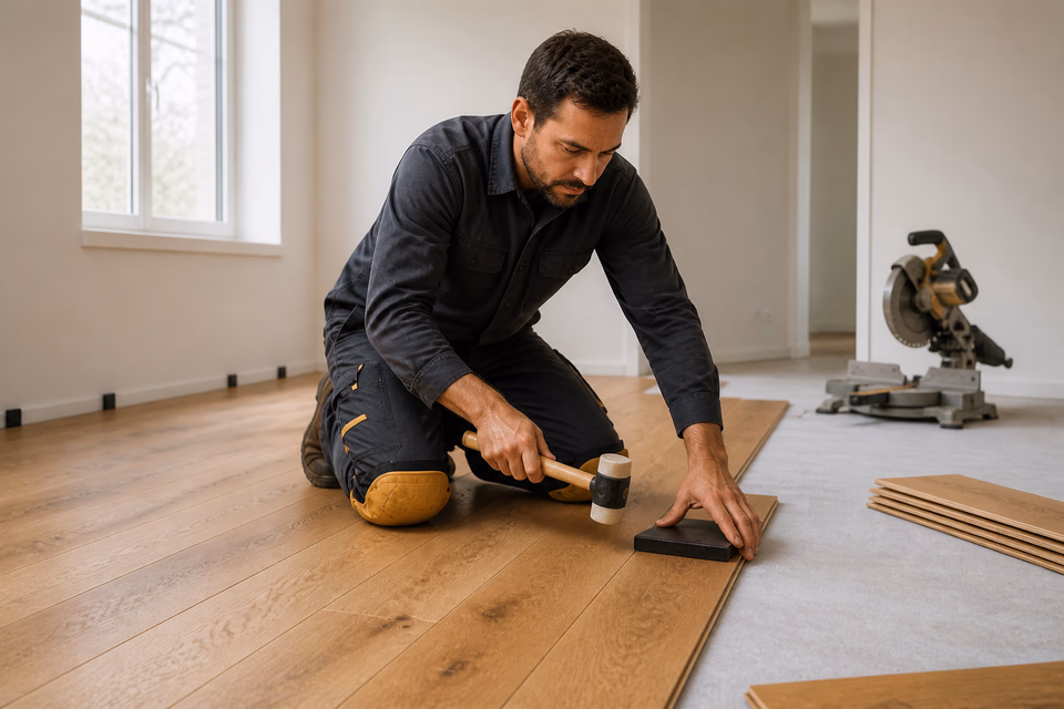 Flooring installer tapping a wide-plank oak board into place.