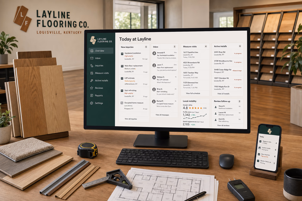 Layline Flooring Co. operations dashboard with current leads, scheduling, service activity, local visibility, and customer reviews