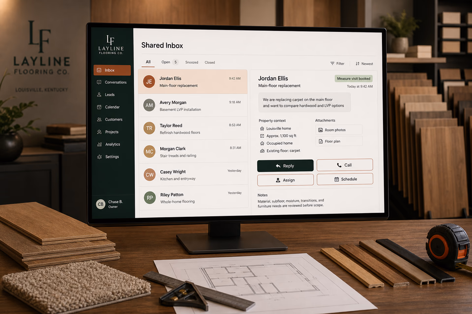 Layline Flooring Co. response system showing the customer journey and the team's next action