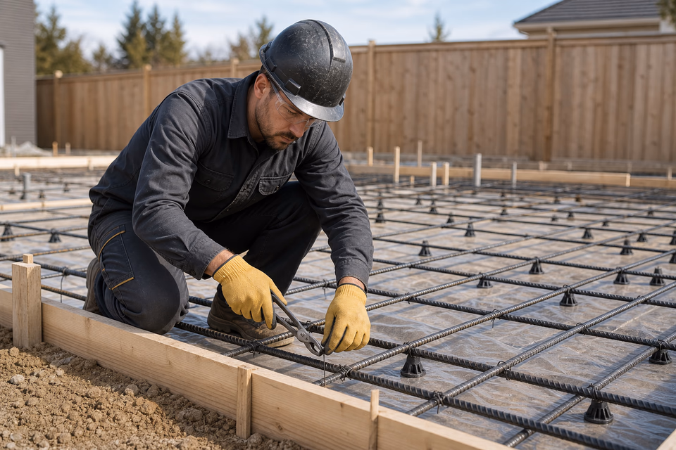 Foundation worker tying rebar inside prepared on-grade footing forms.
