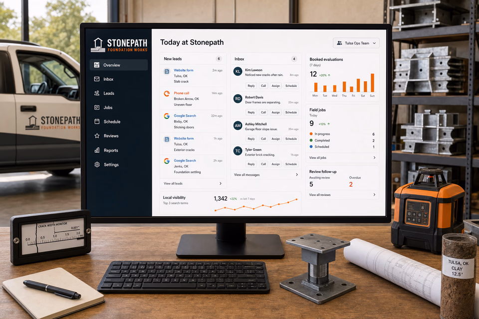 Stonepath Foundation Works operations dashboard with current leads, scheduling, service activity, local visibility, and customer reviews