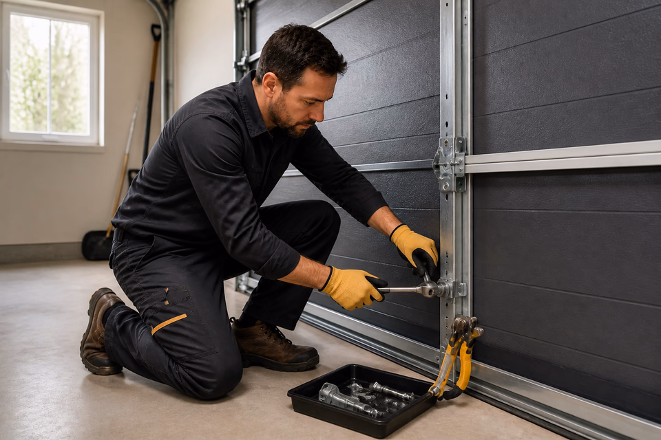 Garage-door technician adjusts roller hardware on a closed sectional door.