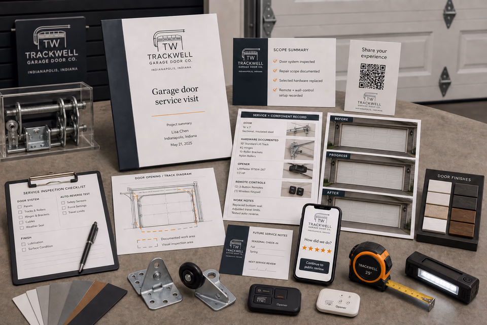 Trackwell Garage Door Co. retention system showing the customer journey and the team's next action