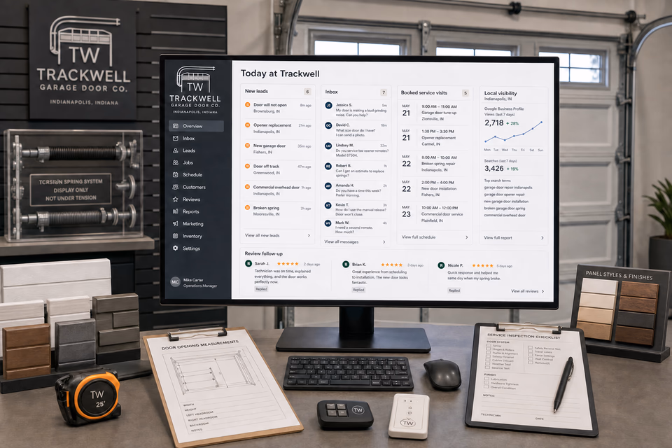 Trackwell Garage Door Co. operations dashboard with current leads, scheduling, service activity, local visibility, and customer reviews
