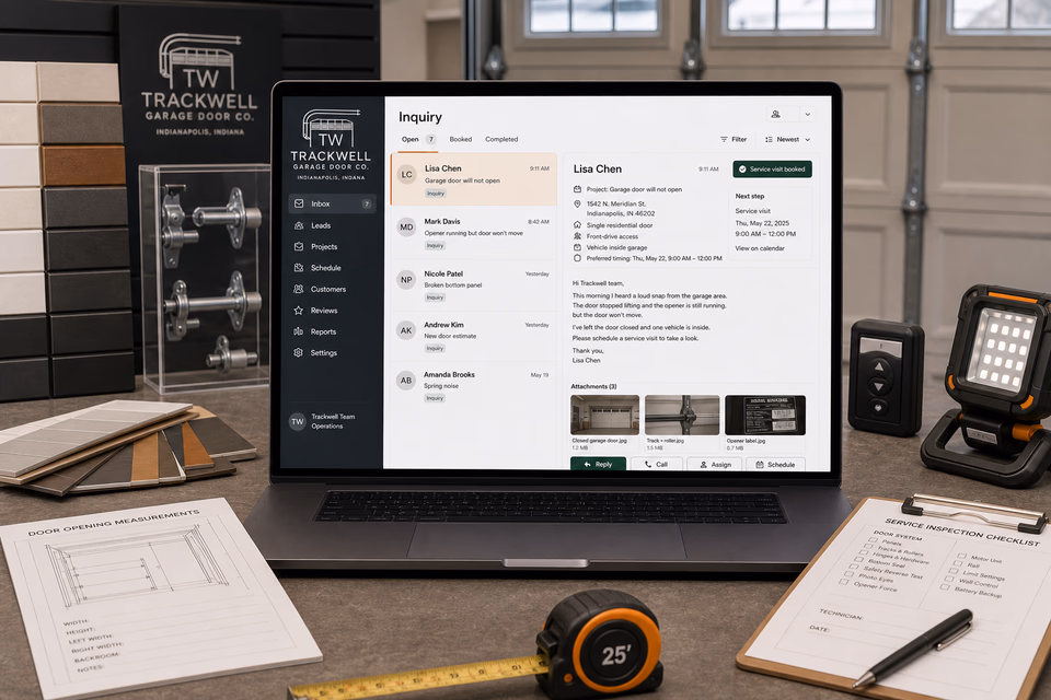 Trackwell Garage Door Co. response system showing the customer journey and the team's next action