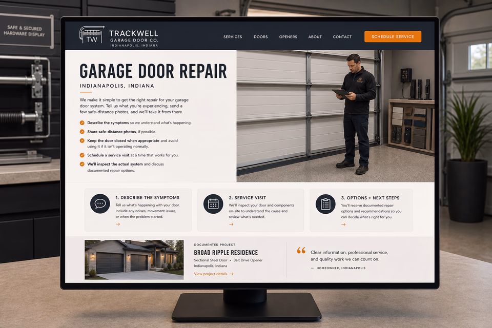 Trackwell Garage Door Co. customer-facing service page with clear local service details, proof, and a direct request path