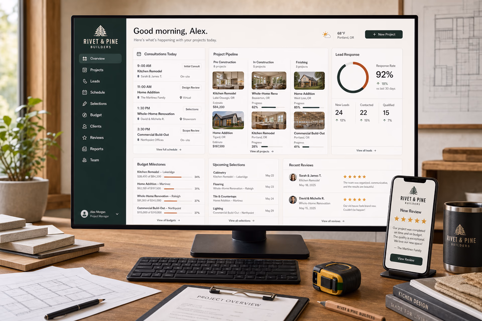 Rivet & Pine Builders operations dashboard with current leads, scheduling, service activity, local visibility, and customer reviews