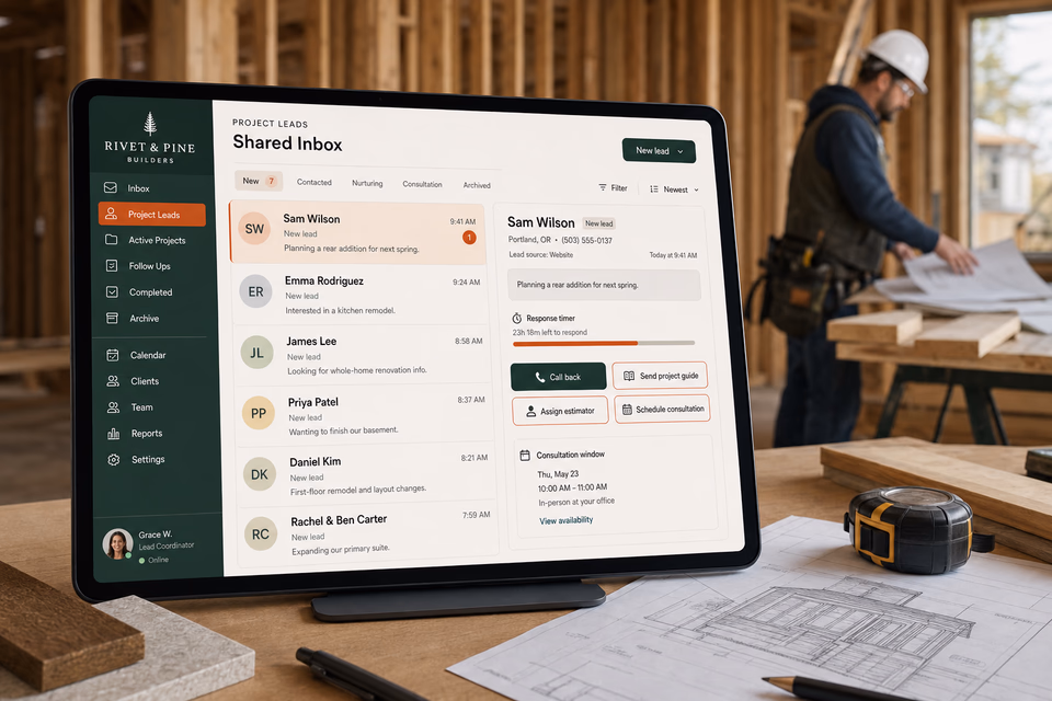 Rivet & Pine Builders response system showing the customer journey and the team's next action