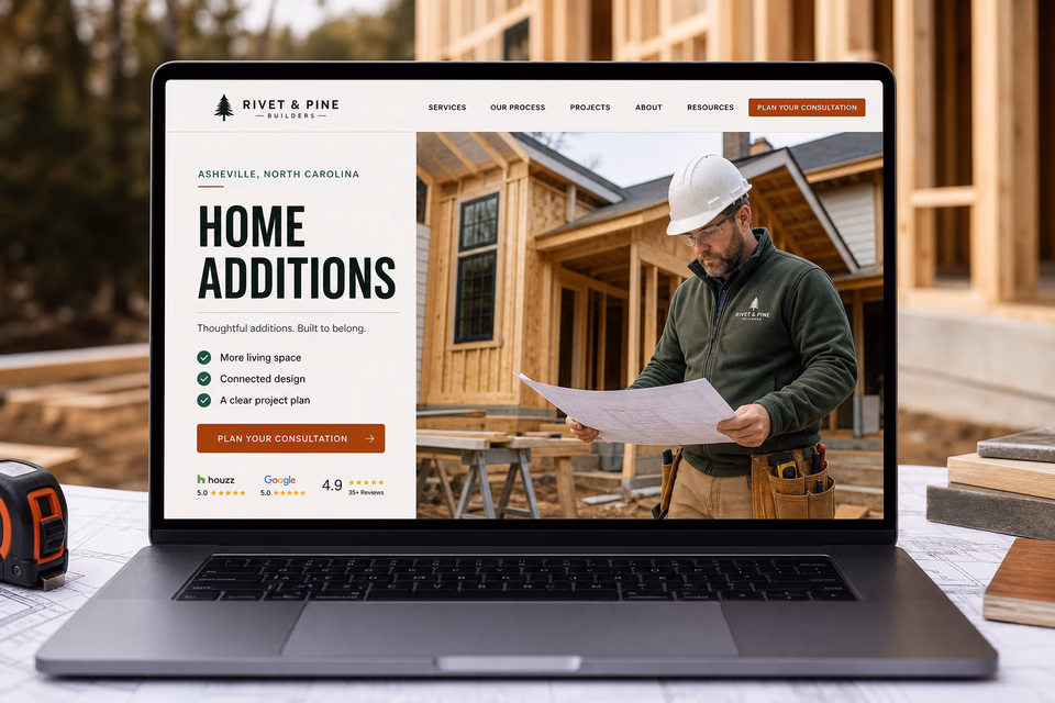 Rivet & Pine Builders customer-facing service page with clear local service details, proof, and a direct request path