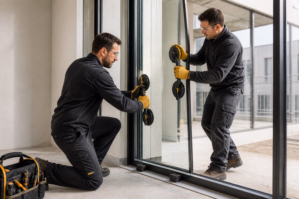 Glaziers setting a clear pane into a commercial aluminum frame with suction cups.