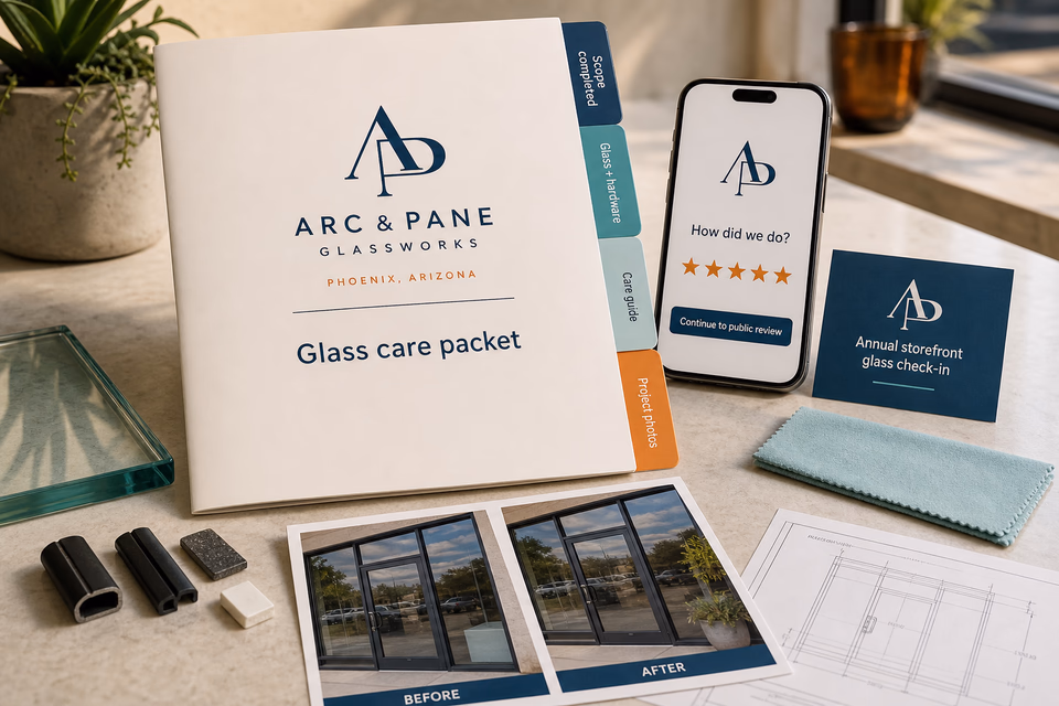 Arc & Pane Glassworks retention system showing the customer journey and the team's next action