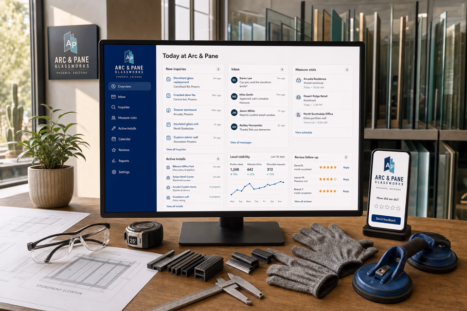 Arc & Pane Glassworks operations dashboard with current leads, scheduling, service activity, local visibility, and customer reviews