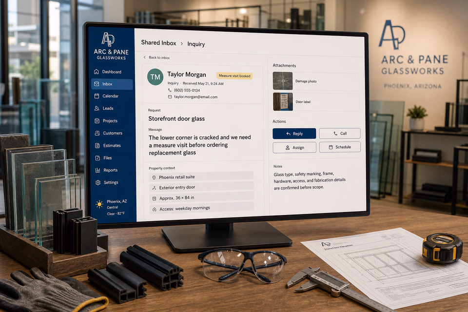 Arc & Pane Glassworks response system showing the customer journey and the team's next action