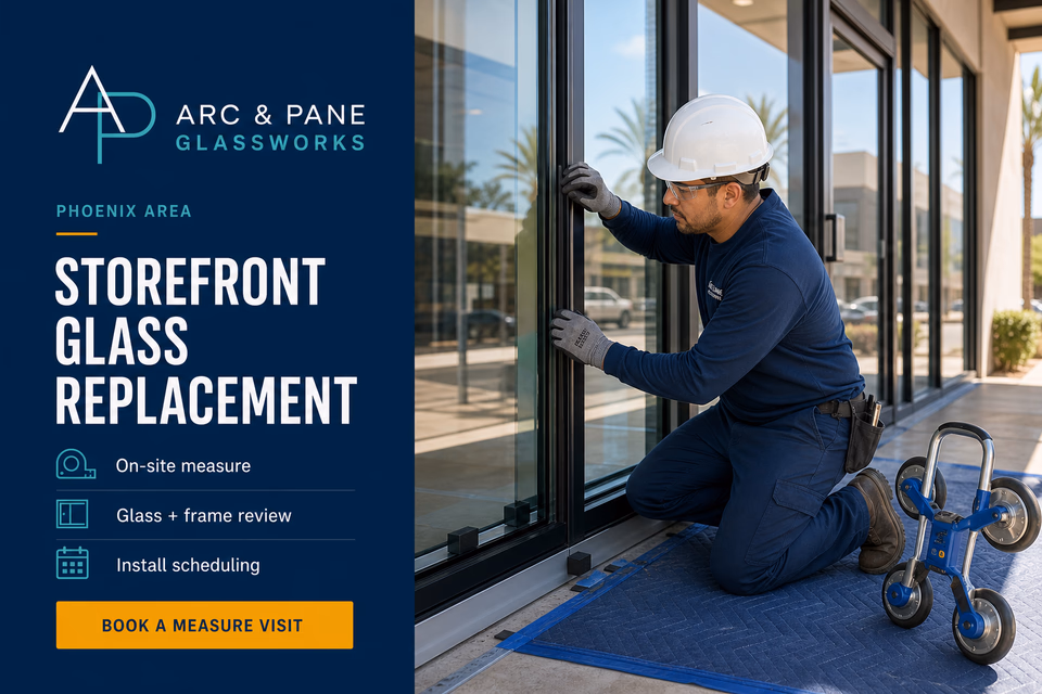 Arc & Pane Glassworks customer-facing service page with clear local service details, proof, and a direct request path