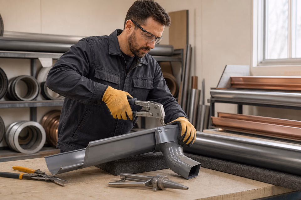 Gutter specialist fitting a downspout elbow to a supported gutter section at a workshop bench.