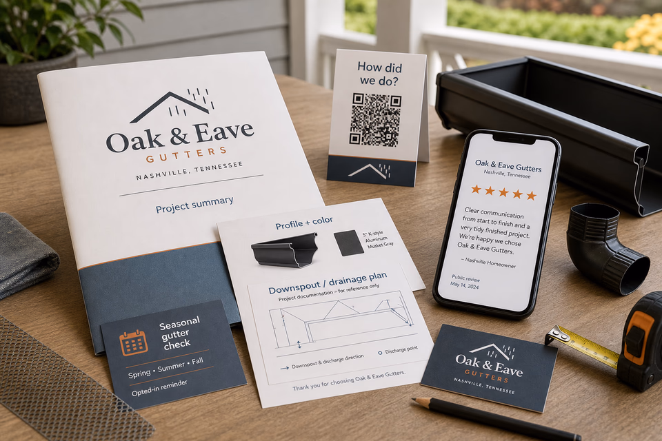 Oak & Eave Gutters retention system showing the customer journey and the team's next action