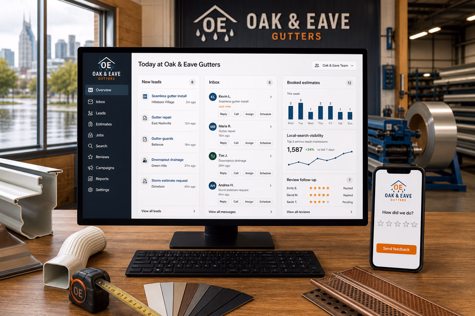 Oak & Eave Gutters operations dashboard with current leads, scheduling, service activity, local visibility, and customer reviews