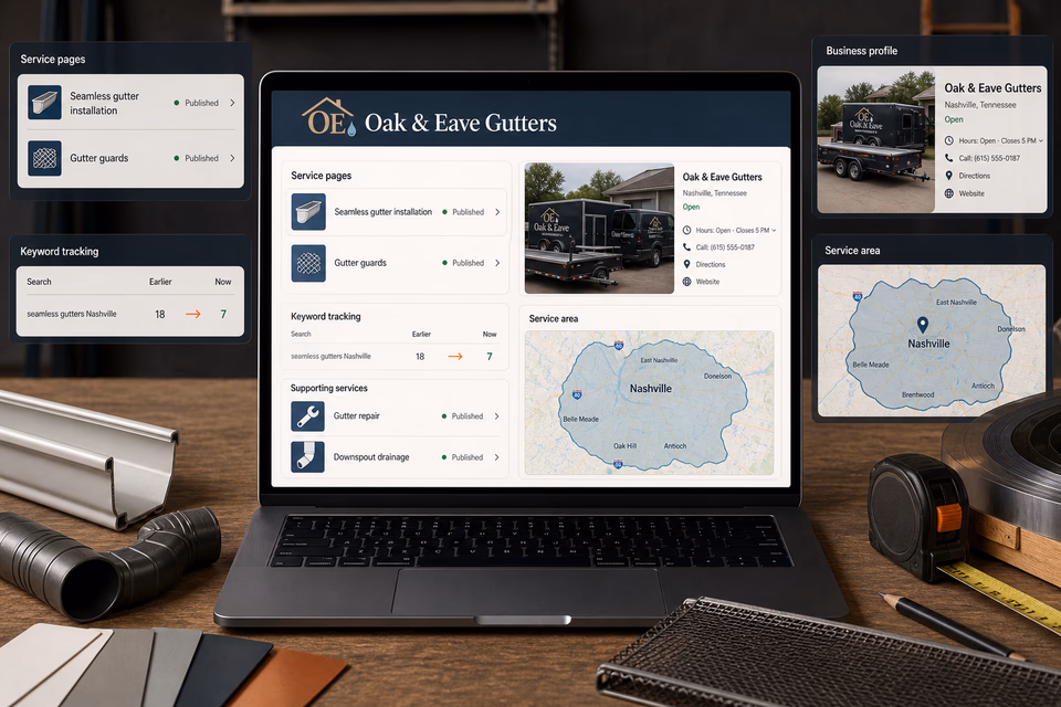 Oak & Eave Gutters visibility system showing the customer journey and the team's next action