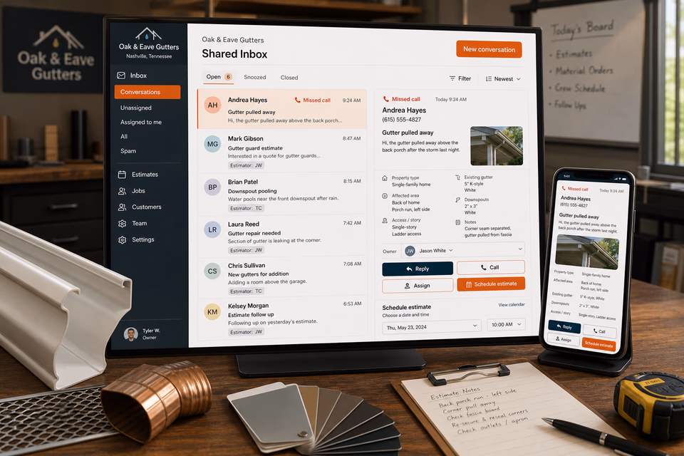 Oak & Eave Gutters response system showing the customer journey and the team's next action