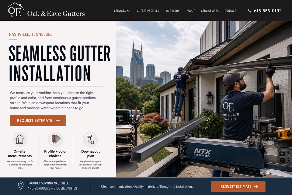 Oak & Eave Gutters customer-facing service page with clear local service details, proof, and a direct request path