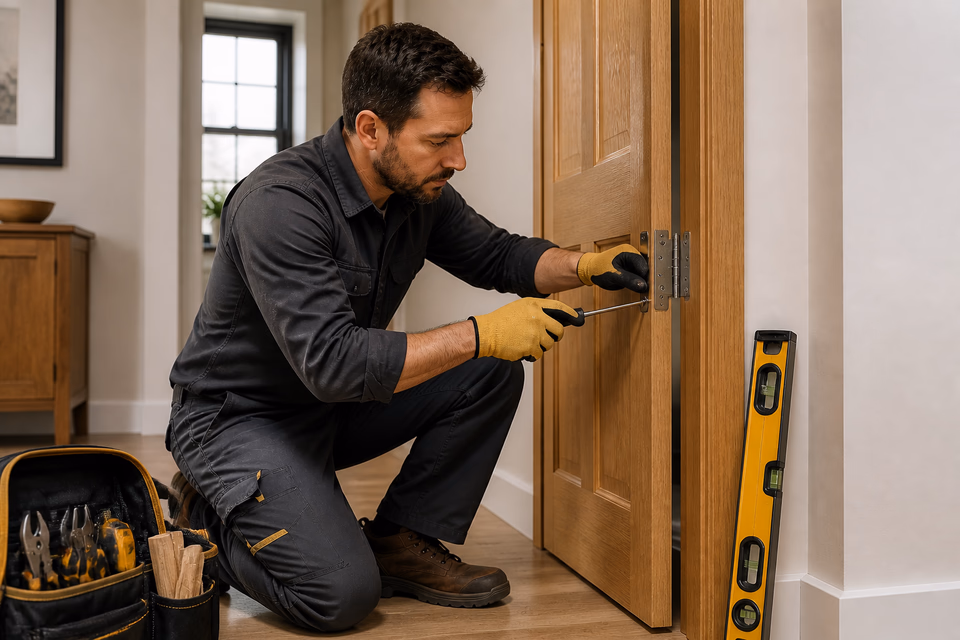 Handyman tightens a hinge screw while aligning a solid-wood interior door.
