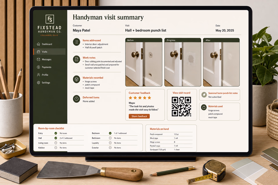 Fixstead Handyman Co. retention system showing the customer journey and the team's next action