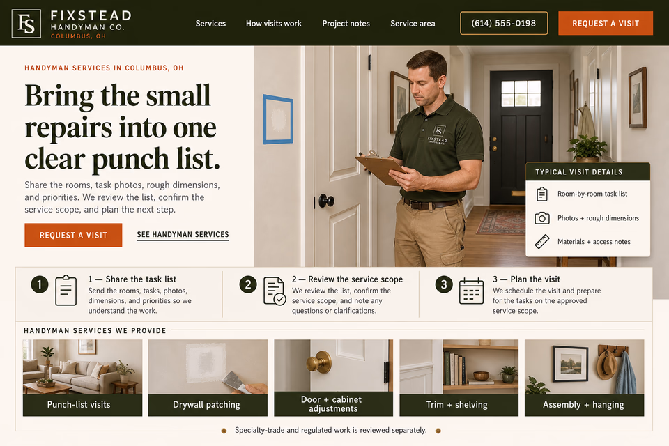 Fixstead Handyman Co. customer-facing service page with clear local service details, proof, and a direct request path