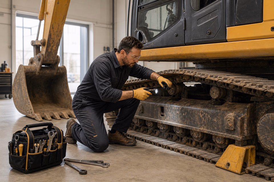 Heavy-equipment mechanic inspecting the track and undercarriage of a parked excavator.