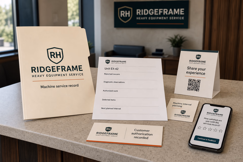 Ridgeframe Heavy Equipment Service retention system showing the customer journey and the team's next action