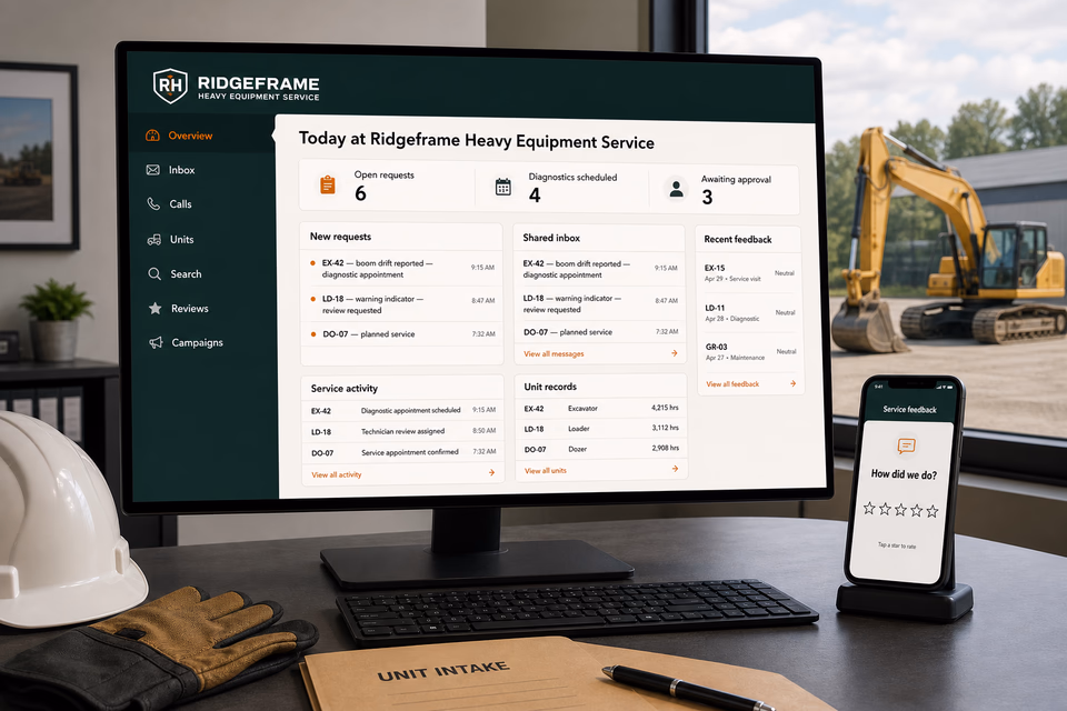 Ridgeframe Heavy Equipment Service operations dashboard with current leads, scheduling, service activity, local visibility, and customer reviews