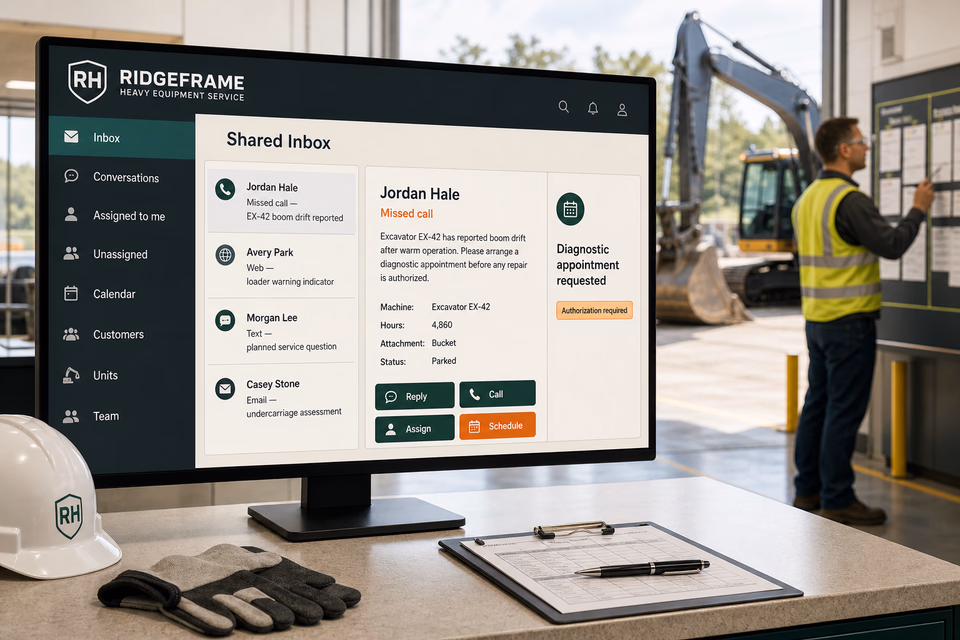 Ridgeframe Heavy Equipment Service response system showing the customer journey and the team's next action