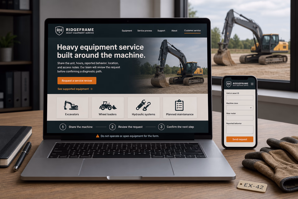 Ridgeframe Heavy Equipment Service customer-facing service page with clear local service details, proof, and a direct request path