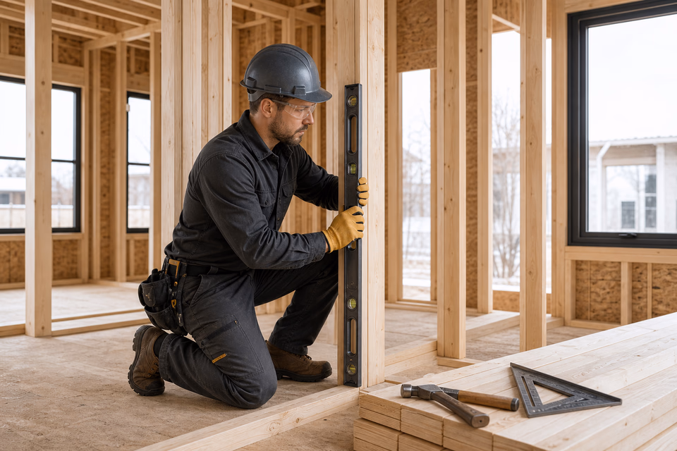 Home builder checking a framed doorway for plumb inside a new house.