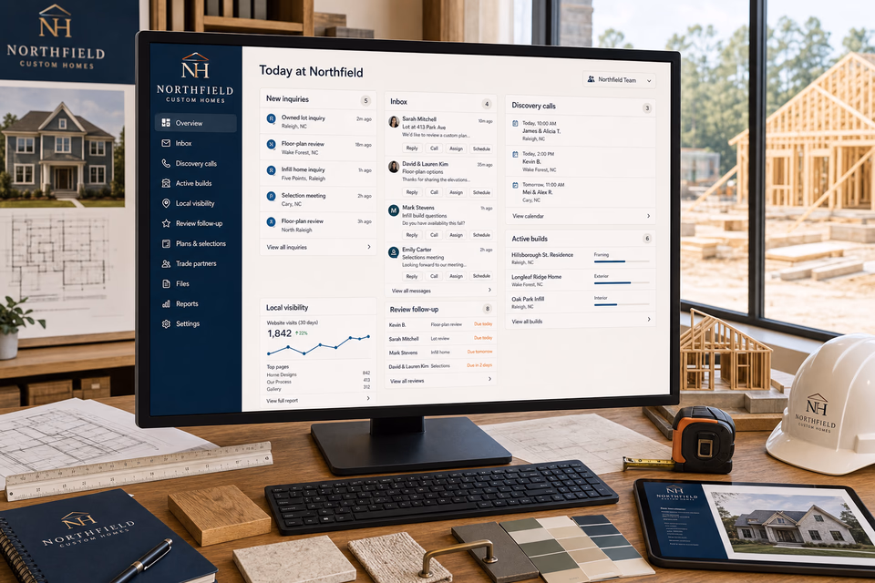 Northfield Custom Homes operations dashboard with current leads, scheduling, service activity, local visibility, and customer reviews