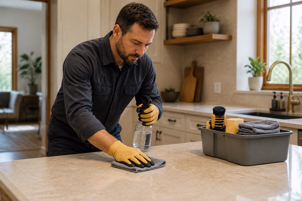 Residential cleaner wipes a cream kitchen counter with a microfiber cloth.