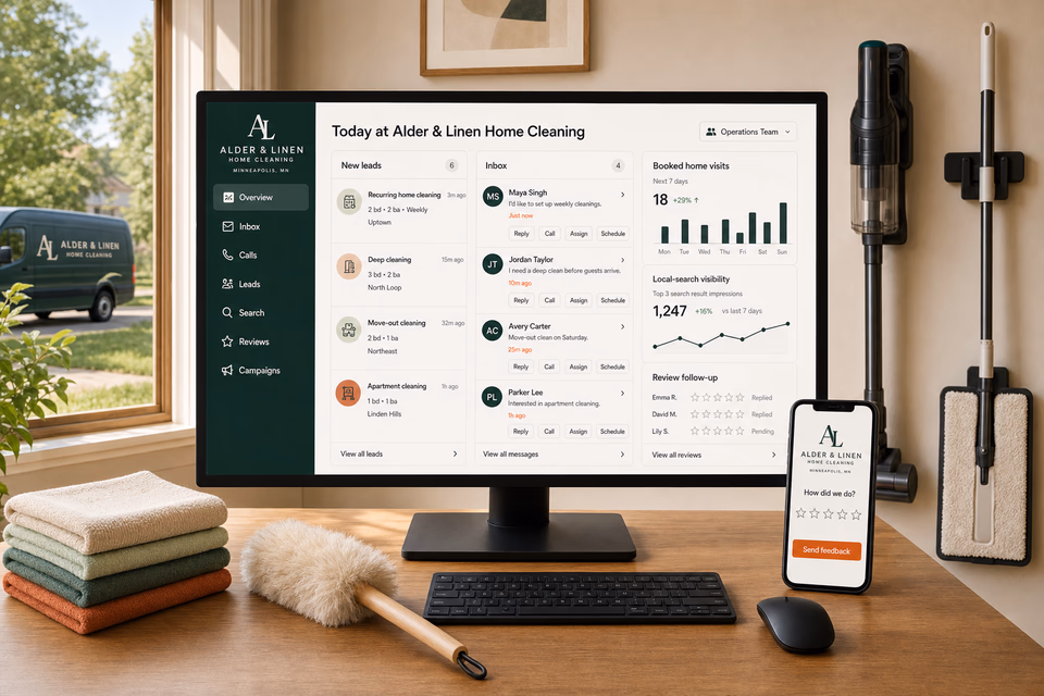 Alder & Linen Home Cleaning operations dashboard with current leads, scheduling, service activity, local visibility, and customer reviews