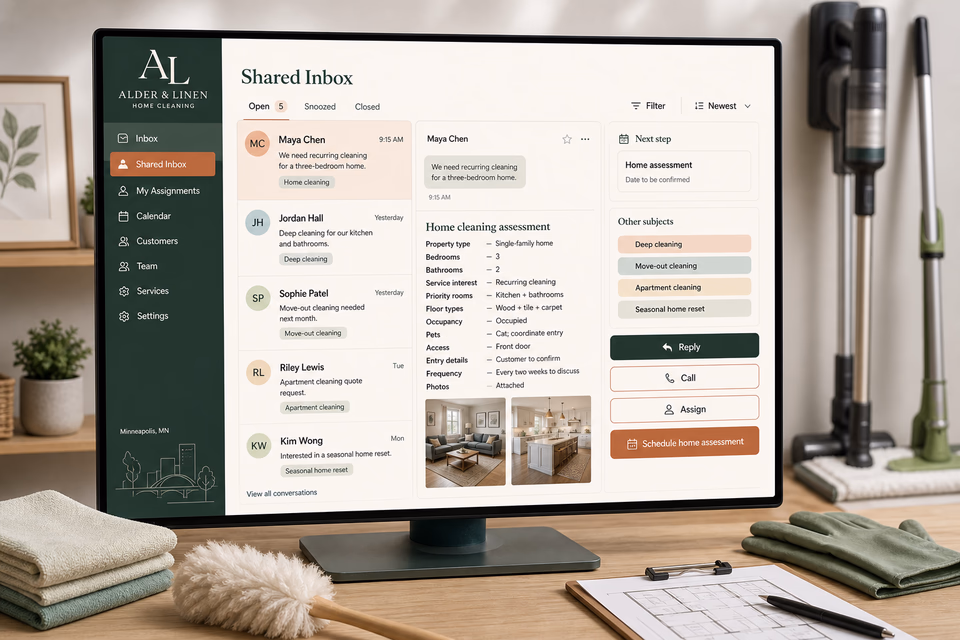 Alder & Linen Home Cleaning response system showing the customer journey and the team's next action