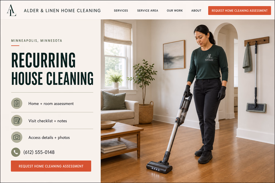 Alder & Linen Home Cleaning customer-facing service page with clear local service details, proof, and a direct request path