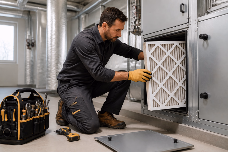 HVAC technician replacing an air-handler filter in a bright mechanical room.