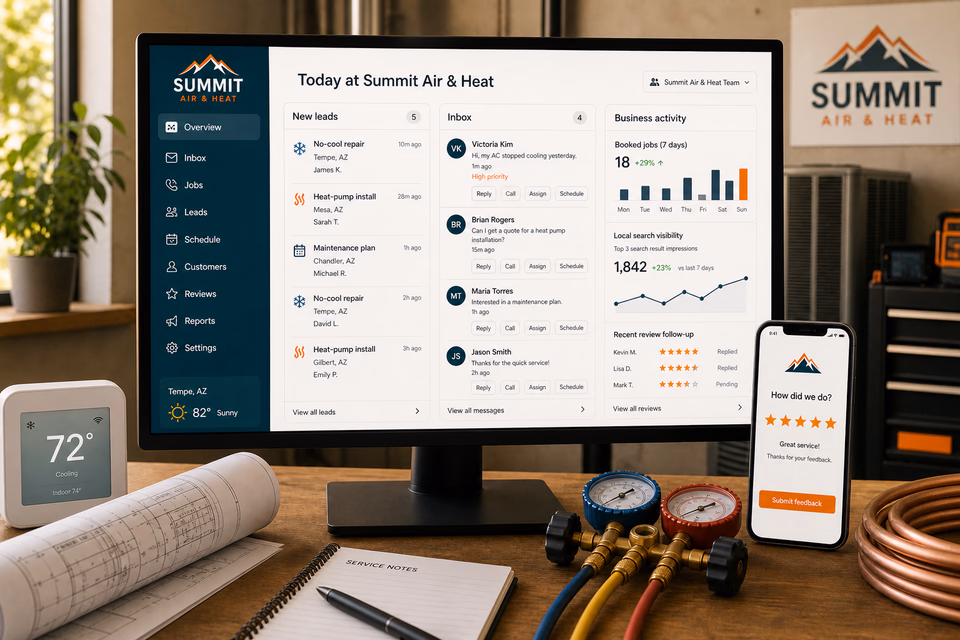 Summit Air & Heat operations dashboard with current leads, scheduling, service activity, local visibility, and customer reviews