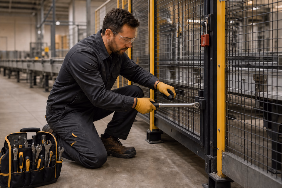 Industrial maintenance technician tightening an exterior guard on a stopped conveyor cell.