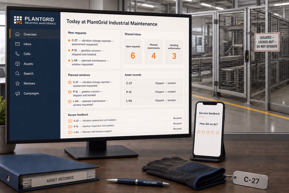 PlantGrid Industrial Maintenance operations dashboard with current leads, scheduling, service activity, local visibility, and customer reviews