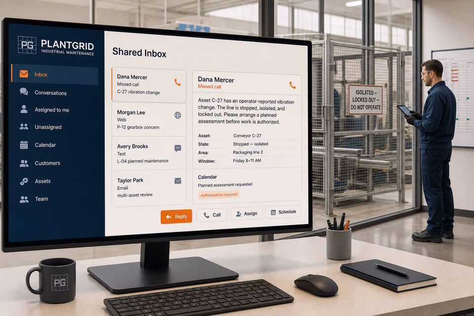 PlantGrid Industrial Maintenance response system showing the customer journey and the team's next action