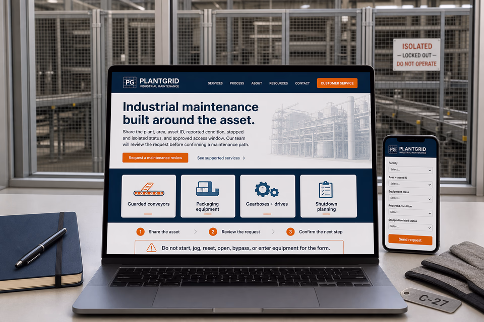 PlantGrid Industrial Maintenance customer-facing service page with clear local service details, proof, and a direct request path